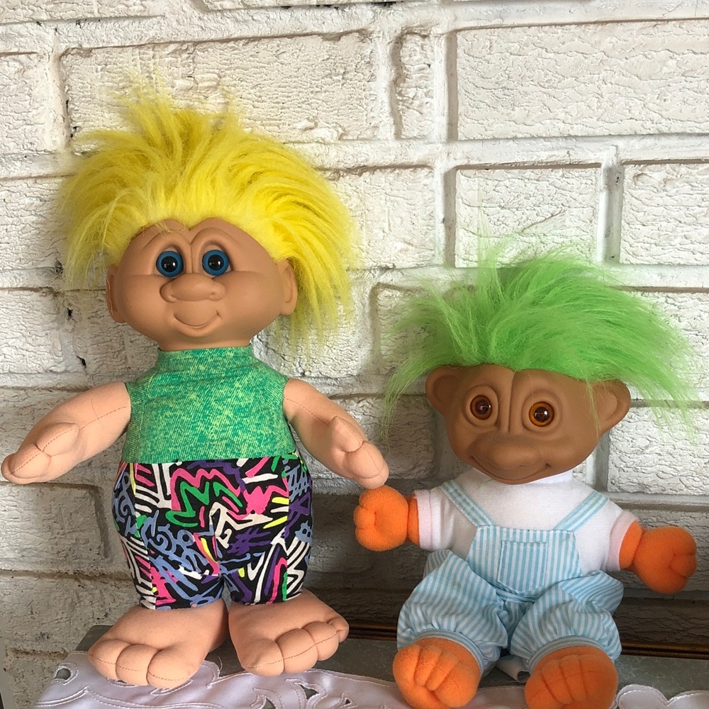 Colourful Pair of Troll Dolls with Yellow and Green Hair